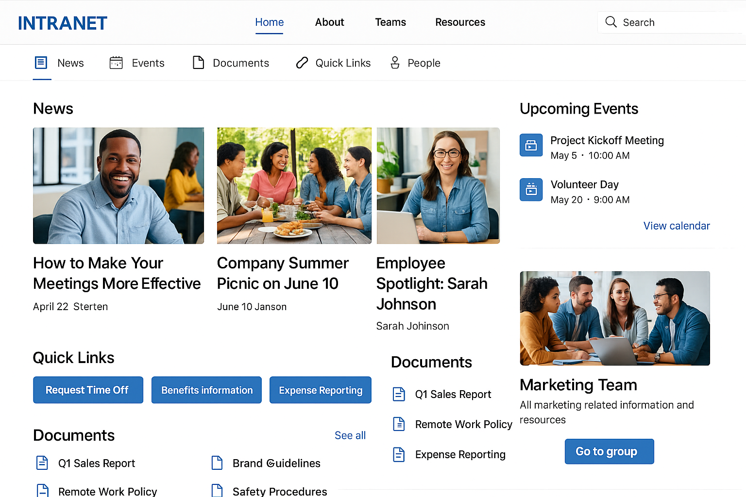 Screenshot of a modern company intranet homepage