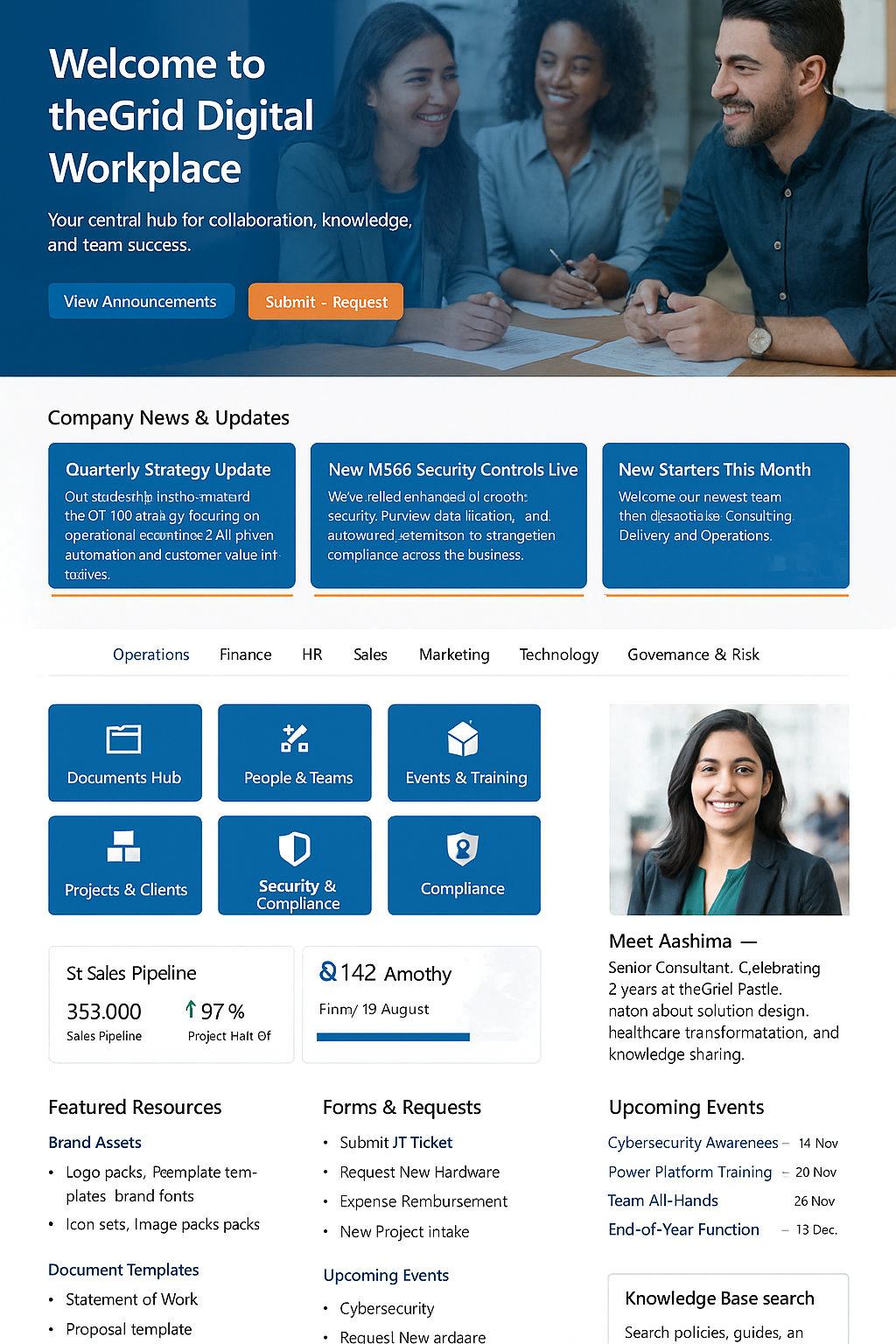 Screenshot of a modern corporate intranet homepage titled “Welcome to theGrid Digital Workplace,” showing a hero banner with staff photo and buttons, company news tiles, navigation tabs, quick access tiles for tools like Documents Hub and Security and Compliance, metrics cards, featured resources and upcoming events.