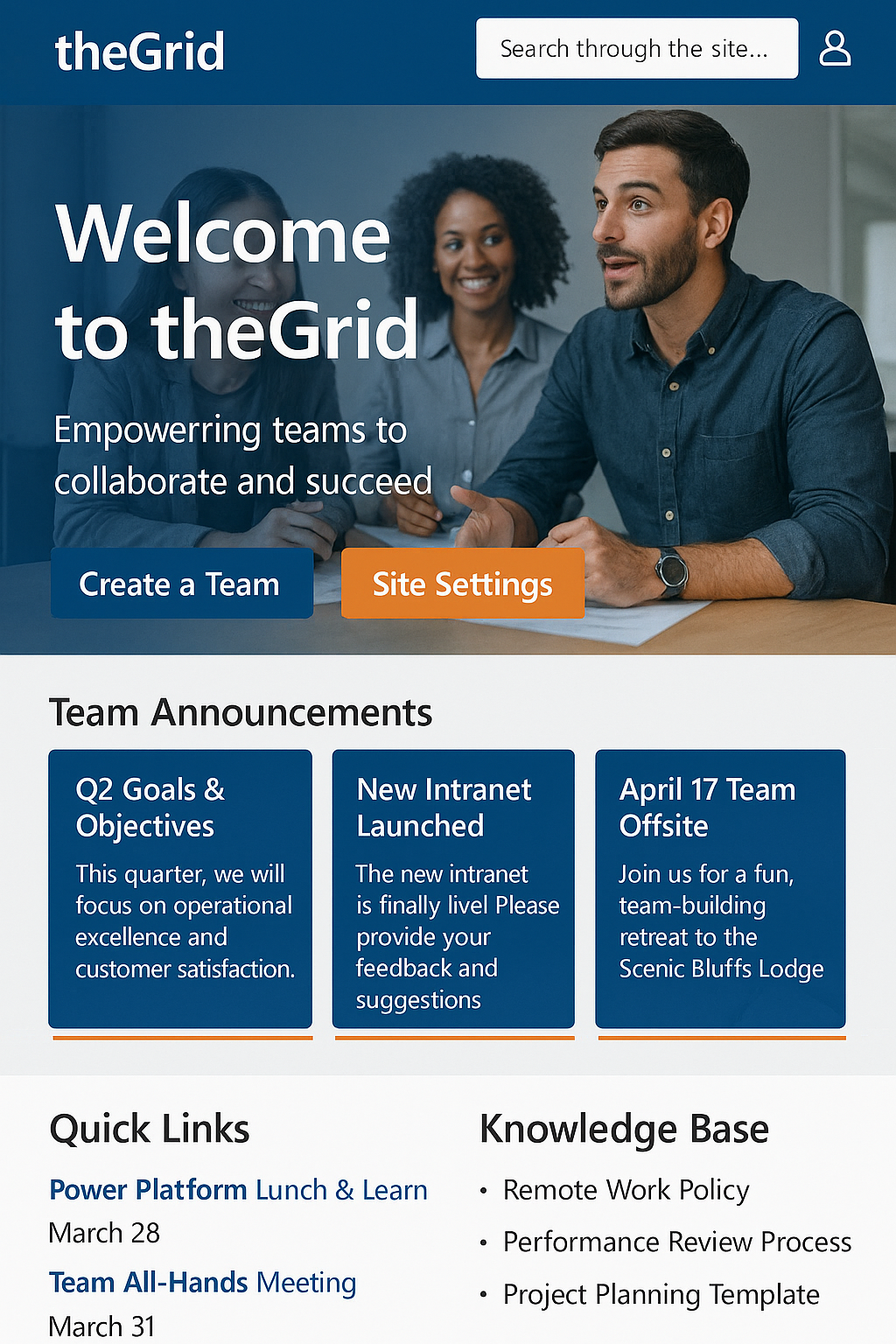 Screenshot of an intranet homepage branded “theGrid” with a large welcome hero area, two primary buttons for creating a team and site settings, and a grid of team announcement cards, quick links and a knowledge base section.