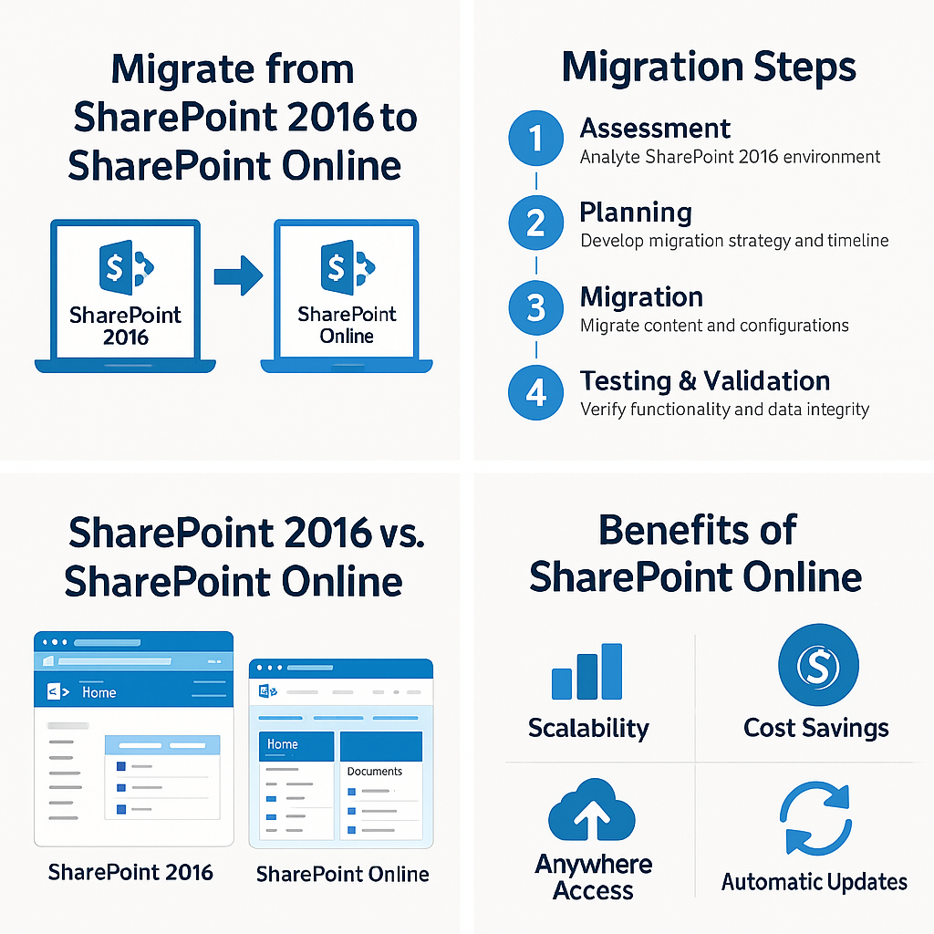 Infographic showing a high level overview of migrating from SharePoint 2016 to SharePoint Online. The top left panel shows two laptop icons labeled SharePoint 2016 and SharePoint Online. The top right panel lists four migration steps: assessment, planning, migration, and testing and validation. The bottom left panel compares SharePoint 2016 and SharePoint Online with simple interface illustrations, and the bottom right panel highlights benefits of SharePoint Online including scalability, cost savings, anywhere access, and automatic updates.