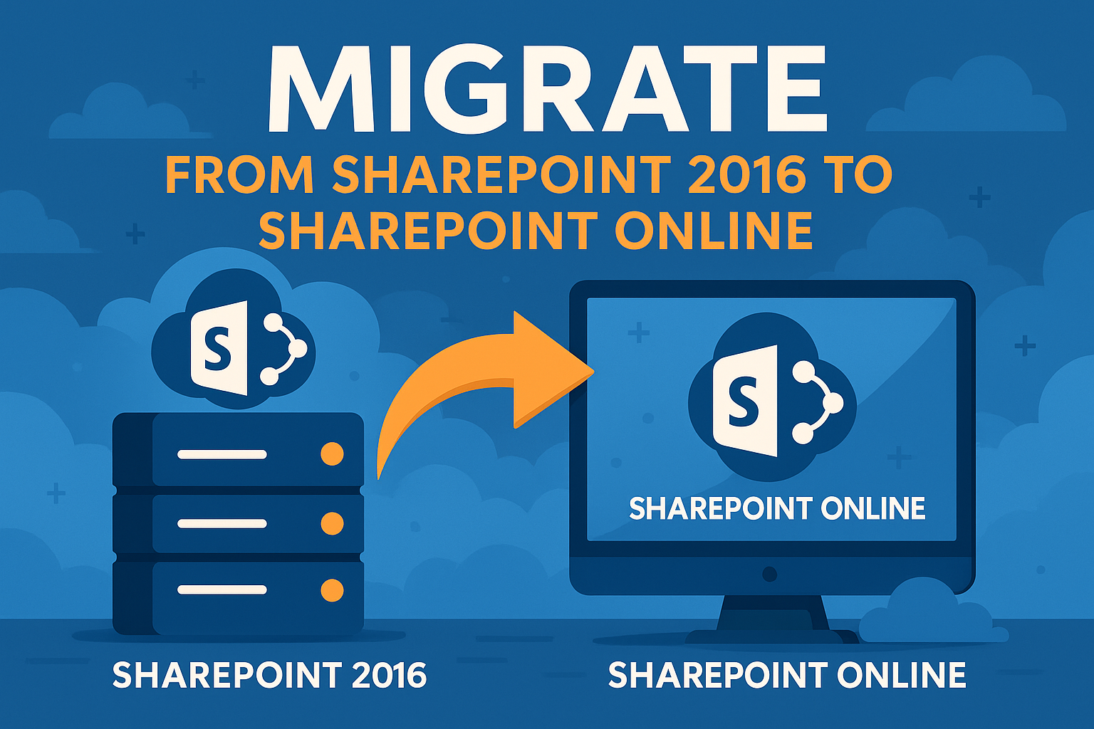 Illustrated graphic showing a SharePoint 2016 server icon on the left and a SharePoint Online screen on the right, connected by an arrow, with the headline “Migrate from SharePoint 2016 to SharePoint Online.”