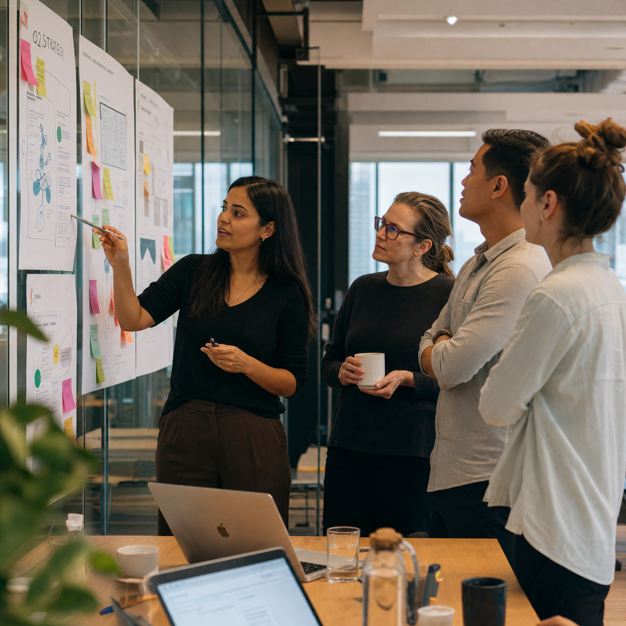 Professional team reviewing AI strategy diagrams and planning workflow adoption