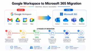 Google Workspace to Microsoft 365 migration comparison showing email, files and identity moving to Outlook, OneDrive and Teams