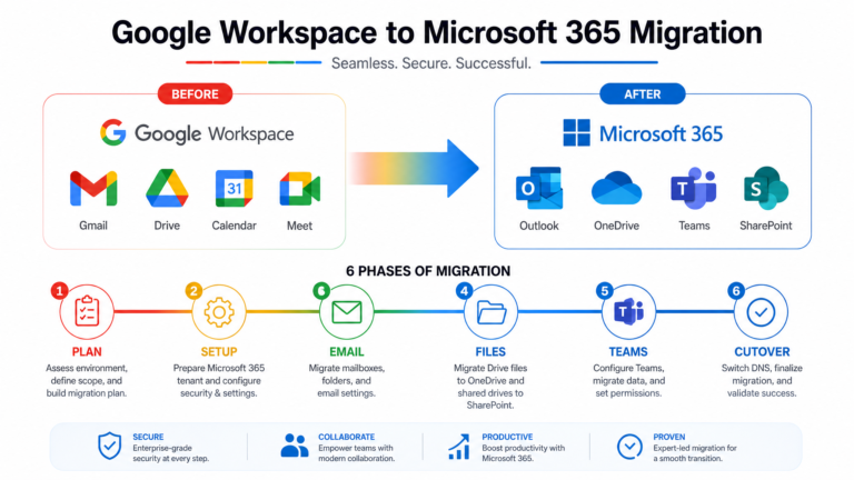 Google Workspace to Microsoft 365 migration comparison showing email, files and identity moving to Outlook, OneDrive and Teams
